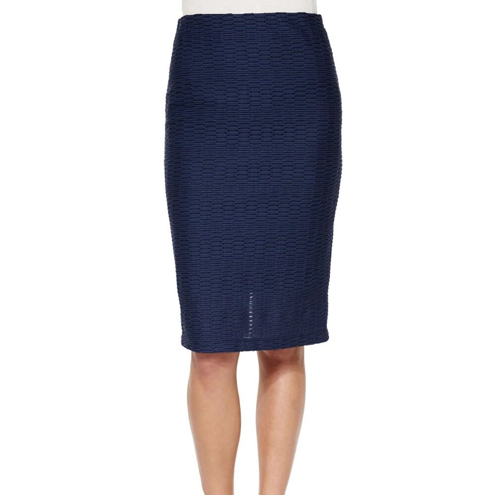 Navy Blue Pencil Skirt Knee Length with Rear Slit Textured XS by Nanette Lepore